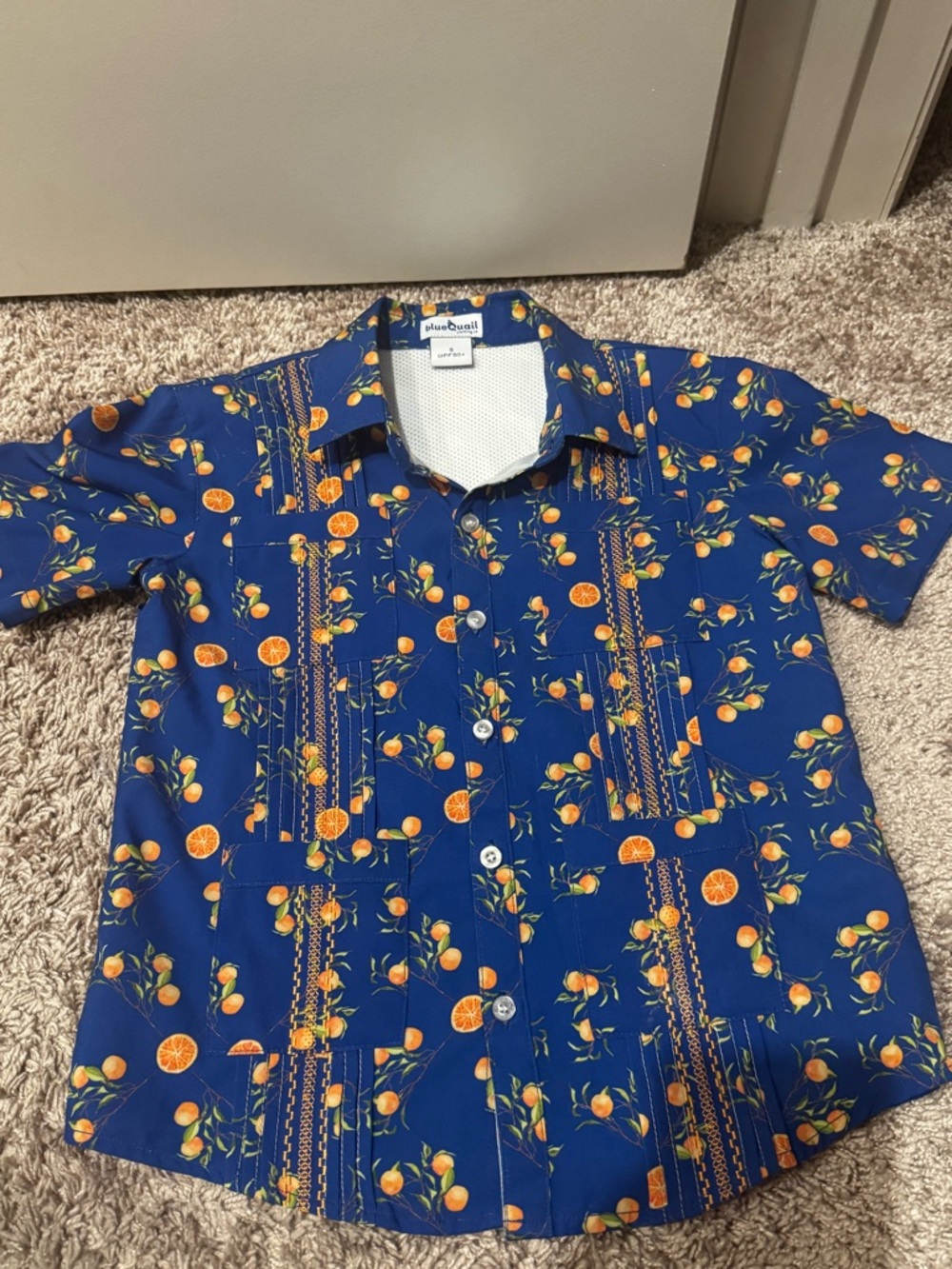 Mini Boden Boys' Blue Orange Print Button-Down Shirt